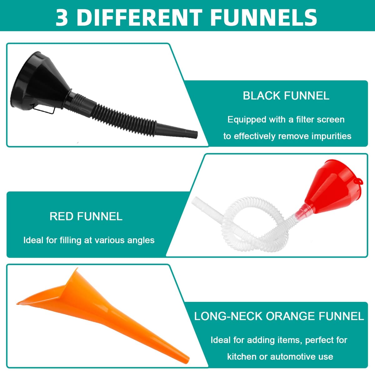 3Pcs Flexible Plastic Funnel Set,Wide Mouth Fuel Funnels,Flexible Right Angle Funnels with Detachable Spout and Filter,Long Mouth Funnel for Car, Motorcycle & Kitchen Gasoline Petrol Engine — view 4