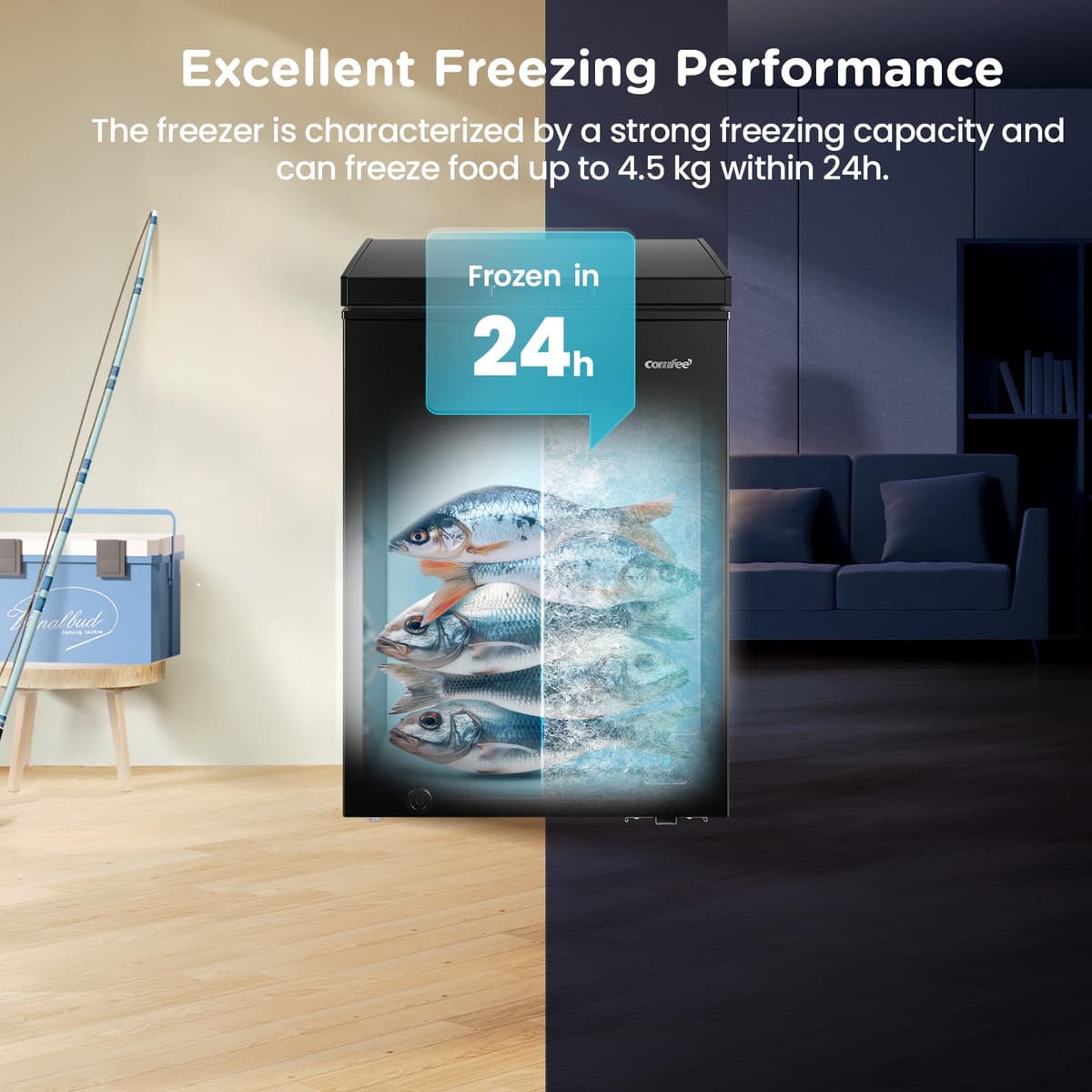 COMFEE' RCC102BL2UK(E) 99L Freestanding Chest Freezer, Refrigeration and Freezer Conversion, Inverter Compressor, 4 Star Freezer Rating, Quiet 38dB, Suitable for Outbuildings & Garages, Black — view 4