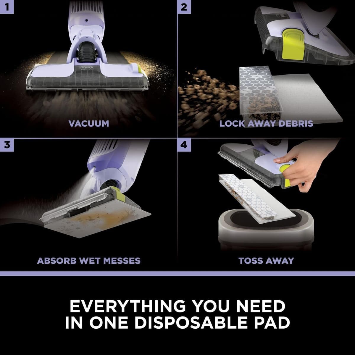 Shark VacMop 2-in-1 Cordless Hard Floor Vacuum Spray Mop, 6x Disposable Pad Refills, 355ml Multi-Surface Floor Cleaner, Lightweight 1.5kg, Maintenance-Free Disposable Pads, Lavender, VM200UKPL — view 5