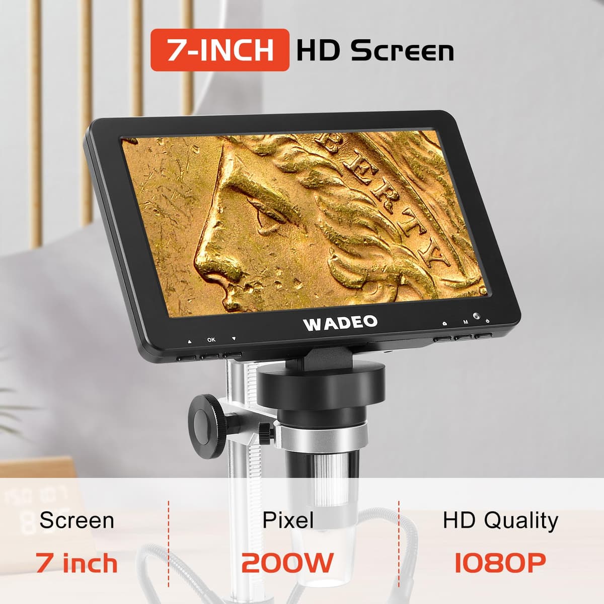 WADEO 7'' LCD Digital Microscope 1200X, 16MP 1080P Coin Microscope with 8 LED Lights and Fill Light, Compatible with PC/TV, Windows/Mac OS, with 32G Card and Remote Control — view 3