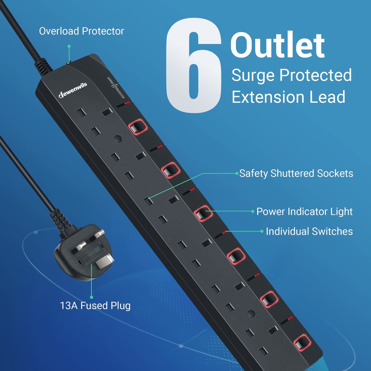 DEWENWILS 6 Way Surge Protected Extension Lead with Individual Switches and Indicator Lights, Extension Cable 3M, 13Amp 6Gang Power Strip Lead, Black — view 2