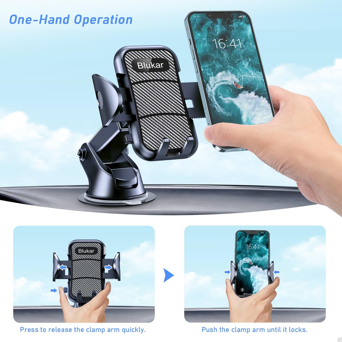 Blukar Car Phone Holder, Adjustable Car Phone Mount Cradle 360° Rotation - 4 in 1 Super Stable for Dashboard/Windscreen/Air Vent, One Button Release for All 4.7 to 6.7 inch Smartphones — view 4
