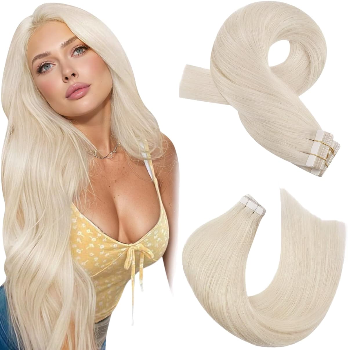 Moresoo Tape in Human Hair Extensions 20 Inch Highlight 50g/20pcs Tape in Hair Extensions Human Hair Ash Blonde with Platinum Blonde #P18/613 — view 67