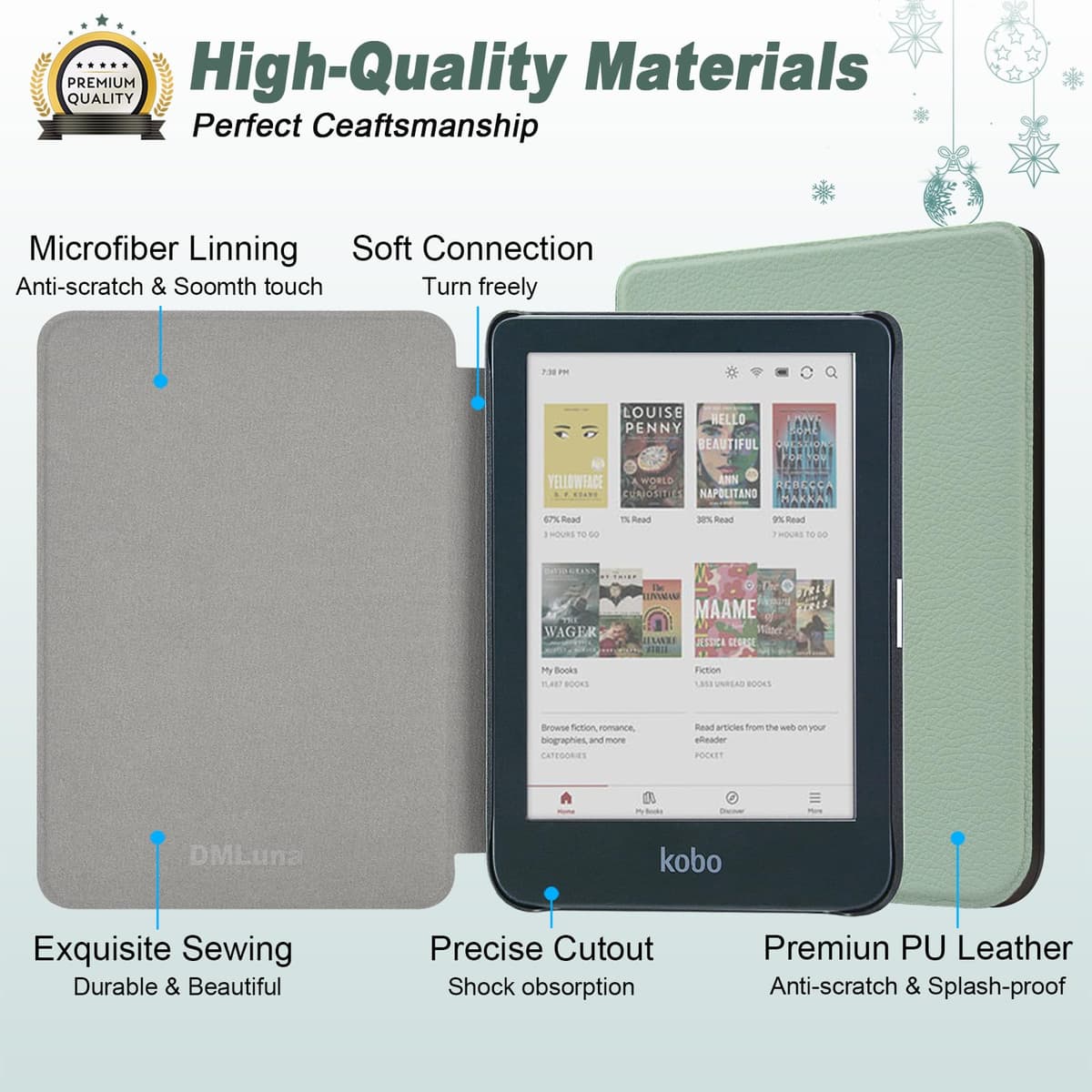 DMluna Funda para Kobo Clara Colour/BW/ 2E, Tolino Shine Colour/Shine 5/4, Cubierta de Cuero PU Premium, Auto Sleep/Wake, Delgada y Ligera, Ajuste Preciso, Verde Agave — view 7
