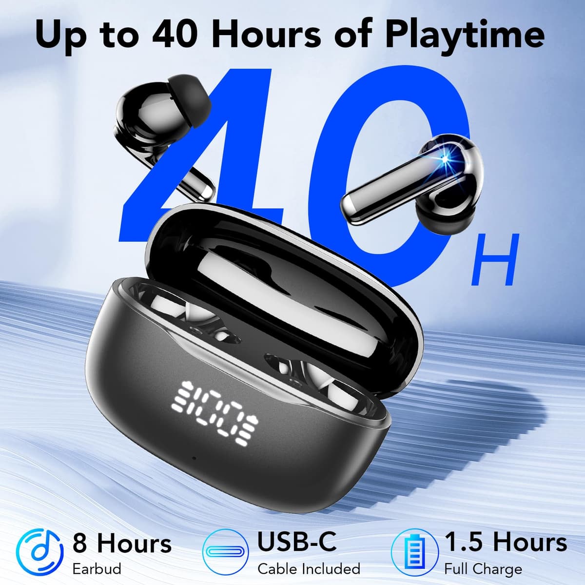 2026 Bluetooth 5.4 Wireless Headphones, Noise Cancelling Bluetooth Headphones, HiFi Stereo with HD Microphone, LED Display, 40H Autonomy, Sports Earphones in Ear, IP7 Waterproof, USB-C — view 4