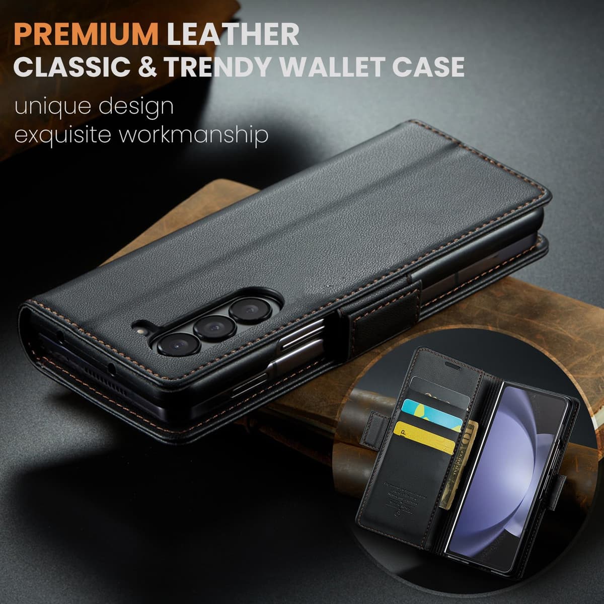 for Samsung Z Fold 5 Wallet Case with RFID Blocking, Card Holder Magnetic Closure Shockproof Kickstand Protective PU Leather Case for Samsung Z Fold 5 Flip Case Wallet - Black — view 2
