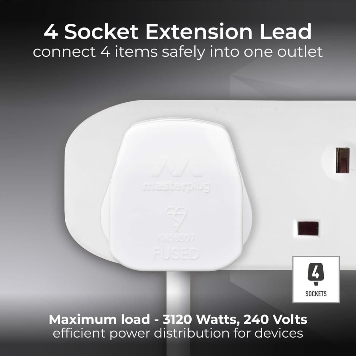 Masterplug Four Socket Extension Lead, 5 Metre Cable, Unswitched, 4-Way Plug Extension Cable, Power Strip, Basic Power, White, 13A, 4G, 5m, BFG5N — view 2