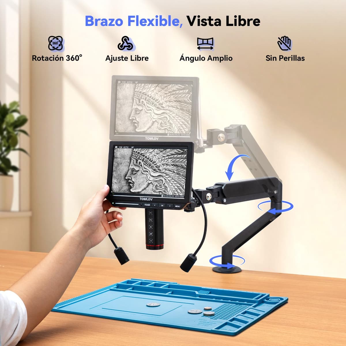 TOMLOV TM4K-AF Flex 4K 8" Digital Microscope with Autofocus, 52MP HDMI Professional Magnification 2000X for Coins, with Flexible Arm, Soldering Mat, Ring Light, Compatible PC/TV, 64GB — view 5