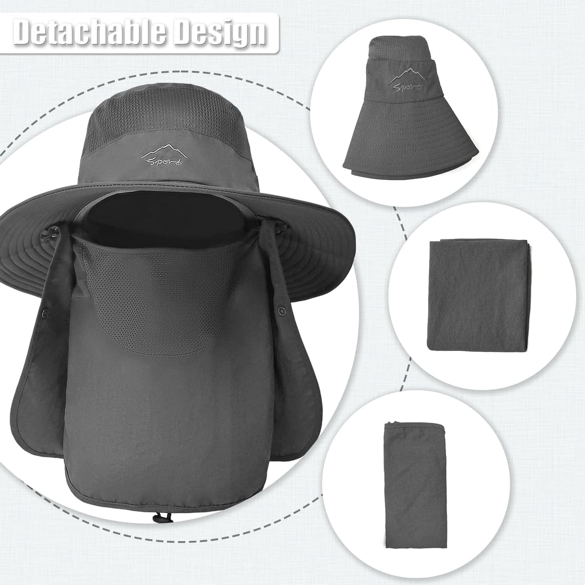 TAGVO Sombreros de Pesca para Hombre Mujer con Cubierta de Cuello Desmontable, Gorros de Pescador con Protección UPF 50+, Sombreros y Gorras de Sol Plegables para Cámping Excursionismo Caminando — view 5