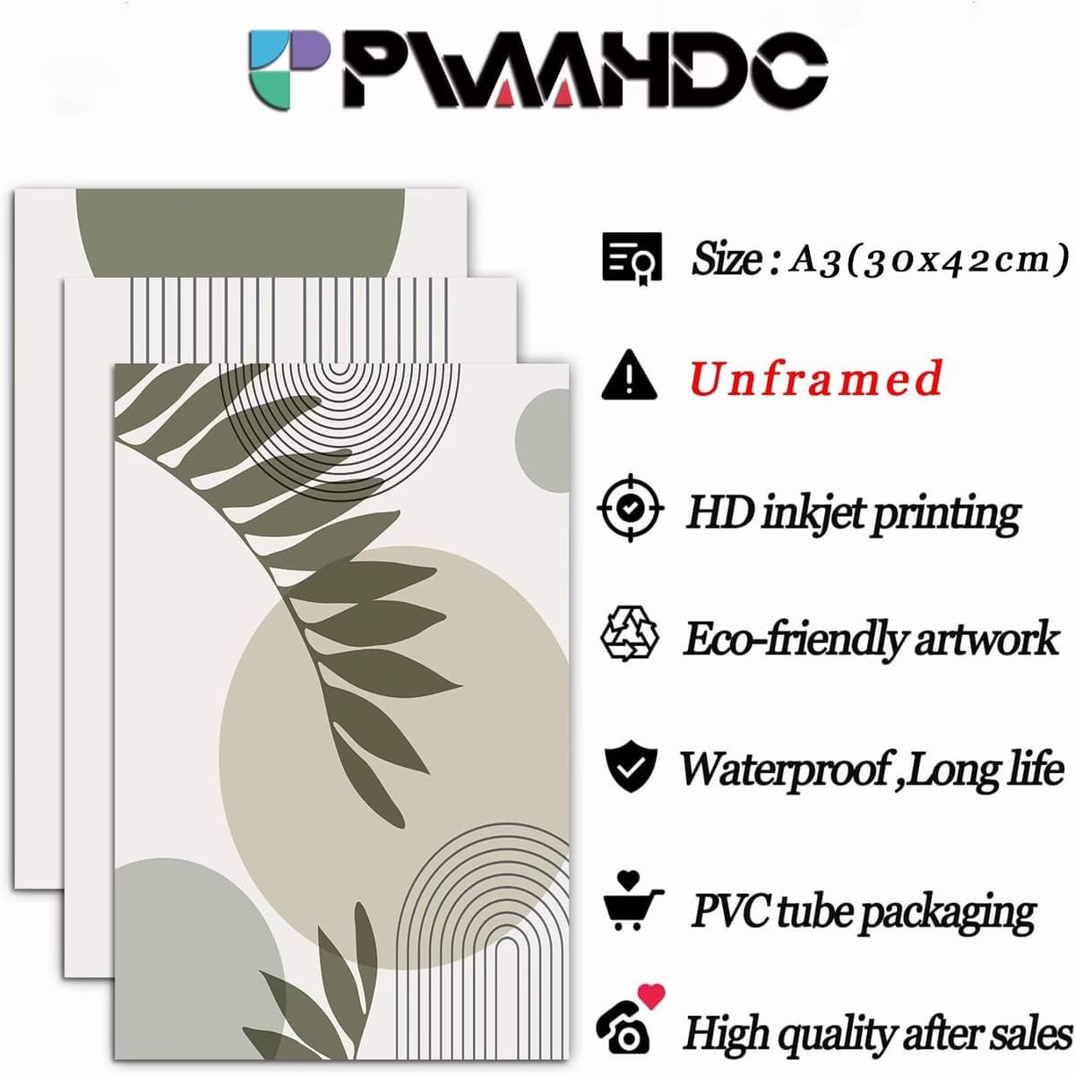 PWAAHDC Sage Green Wall Art Set of 3 - Boho Pictures for Living Room and Bedroom Decor, Modern Canvas Prints posters (Unframed A3) — view 2
