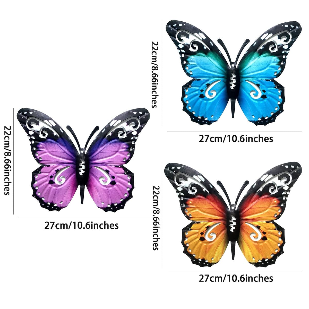 SUNNEKO Large Metal Butterfly Garden Ornaments Outdoor, Metal Wall Art Big Butterfly Decorations for Outside Garden Shed Fences Yard Decorations Wall Hanging (3 PCS) — view 9