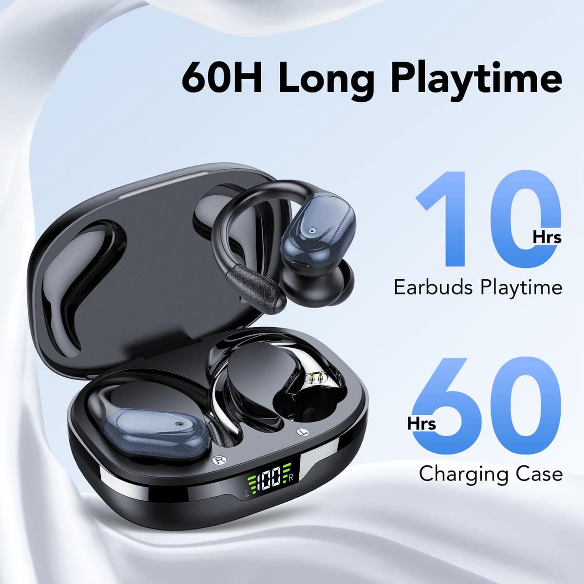 Auriculares Inalambricos, Auriculares Bluetooth 5.3 Deportivos con Gancho de la Oreja, 60H de Reproducción, Pantalla LED, Llamada ENC HD, Profundamente Bajo, Ajuste Cómodo, IPX7 Impermeable(Negro). — view 3