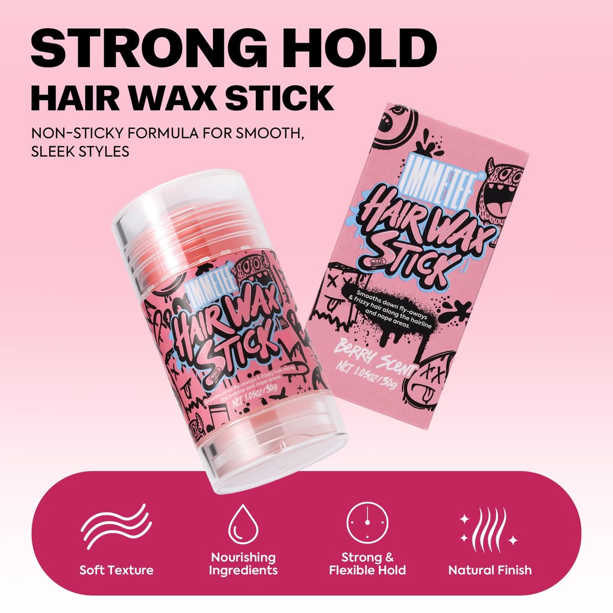 immetee Barra de Cera para el Cabello Mujer - Control Antifrizz y Mechas Sueltas - No Grasa, Sin Residuos, Fijador para Peinados, Pelucas y Control de Contorno, 1.05oz/30g (Arándanos) — view 5