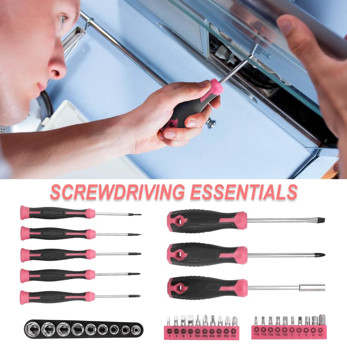 54pc Tool Set General Household Toolkit with Toolbox Storage Case, Pink Home & Office DIY Tool Kit Set, Essential Hand Tools Included for Basic Repairs, Maintenance & Home Improvement Projects — view 3
