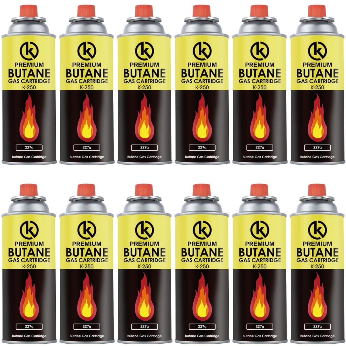 KROWN - Pack de Cartuchos K-250 de Gas Butano 227g para Hornillos Quemadores, Cartucho de Gas para Camping K-250, Bombonas para Sopletes (12 Unidades)