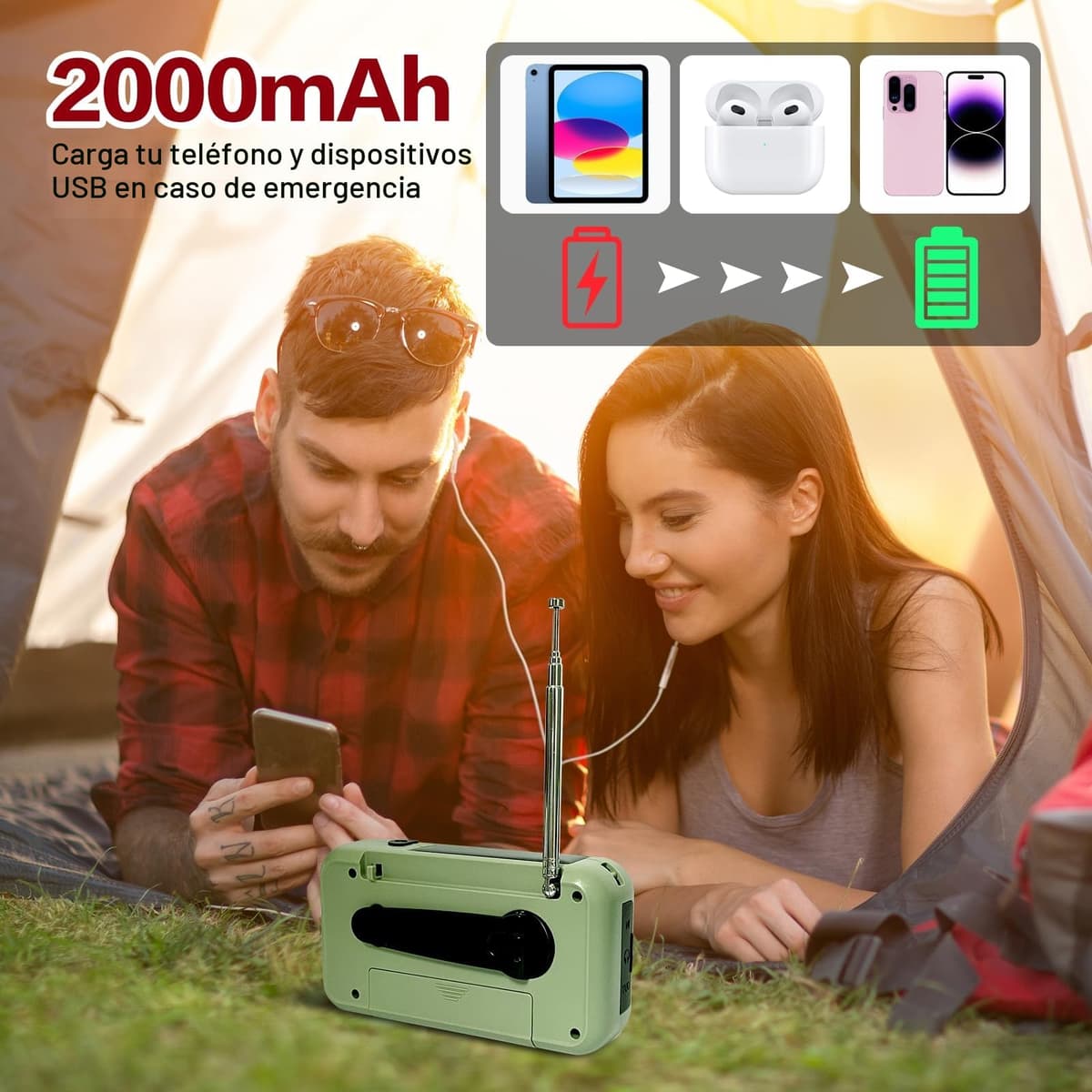 Portable Emergency Radio, FM/Am Emergency Radio with Solar Rechargeable Dynamo Radios with Crank with LED Flashlight and Reading Light 2000mAh Powerbank SOS Alarm USB Outdoor Camping — view 2