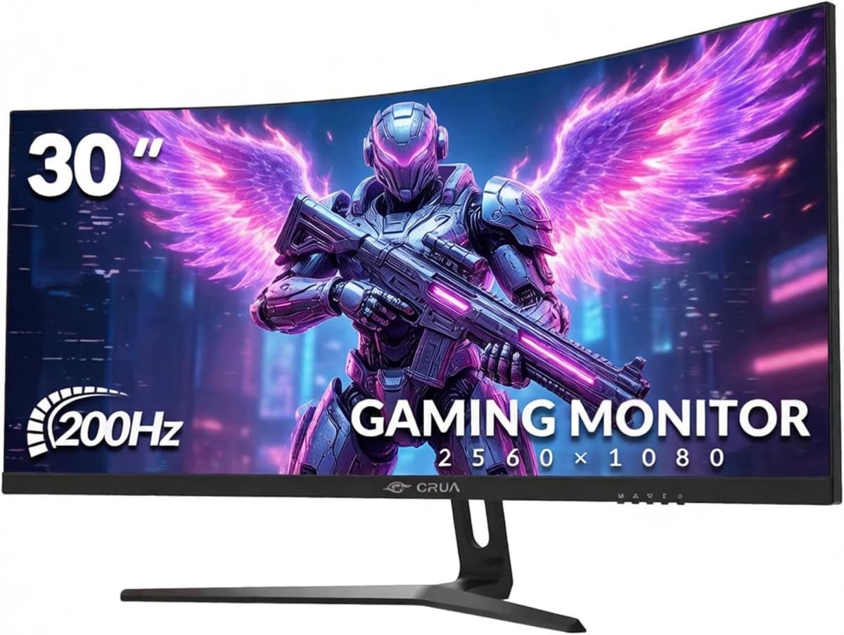 CRUA 30 Inch Curved Gaming Monitor, Ultra-Wide WFHD 2560×1080, 200Hz/144Hz, 0.5ms, 1500R VA Panel, 120% sRGB, AMD FreeSync, HDMI & DP, Wall Mountable, Eye Care, PC Monitor for Gaming & Office - Black