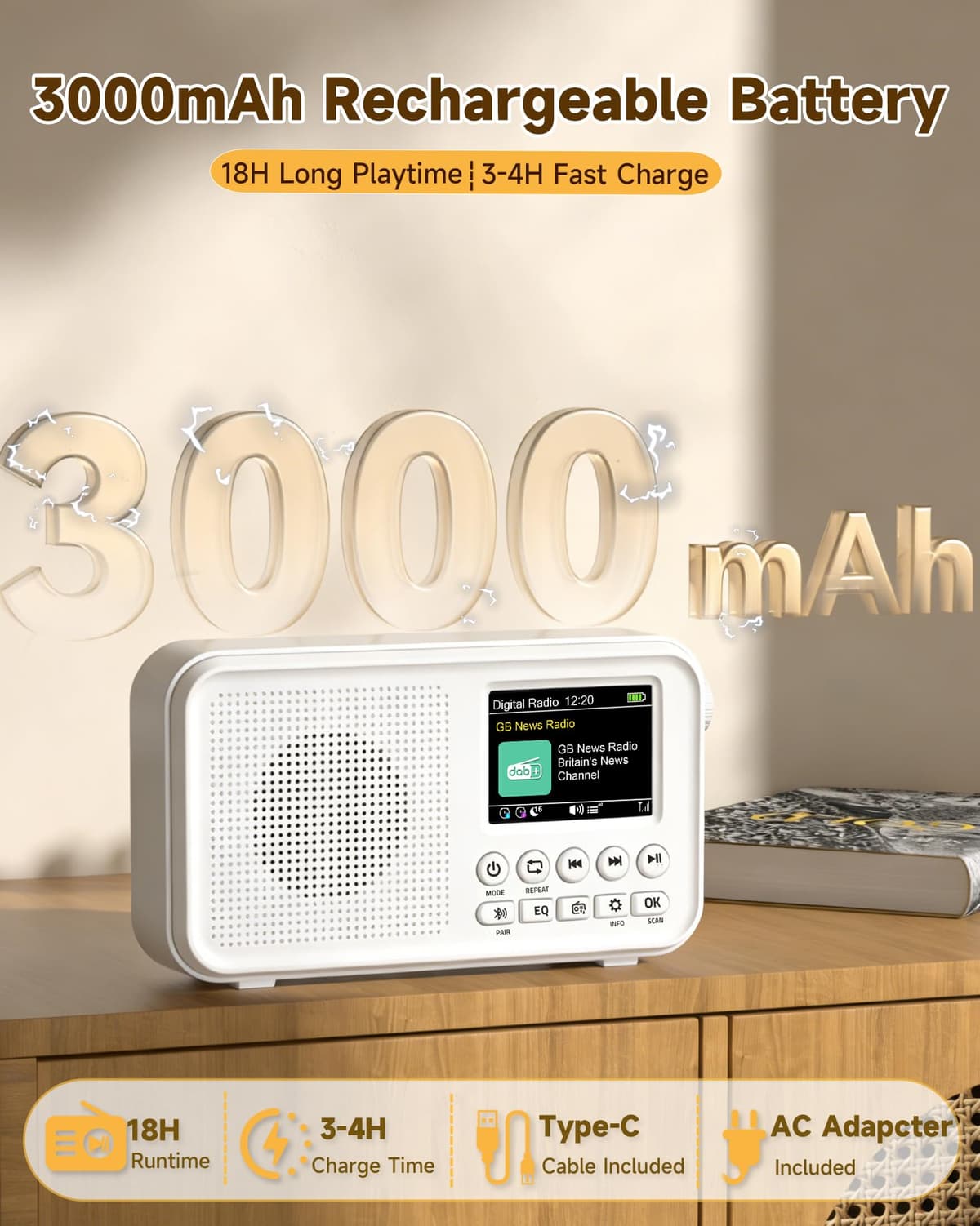 Roxicosly Portable DAB Radio, 3000mAh Rechargeable & Mains Powered Digital FM Radio with Bluetooth, 2.4" Color Display, 18H Playtime, 80 Presets, EQ, 3.5mm AUX & SD Card Slot, Dual Alarm, Sleep Timer — view 4