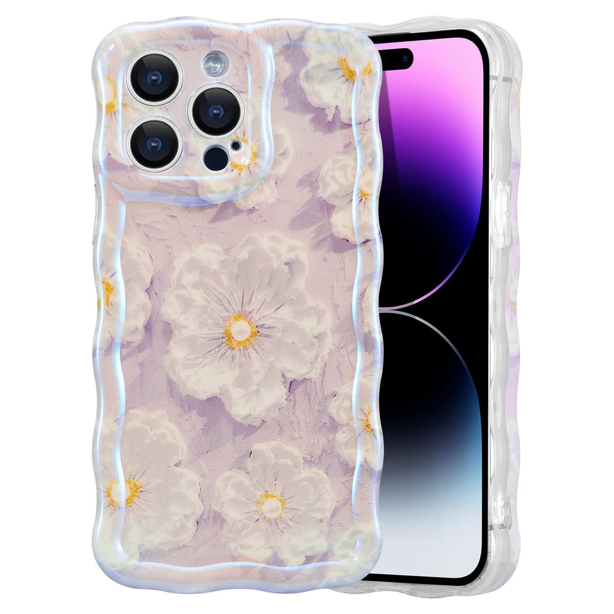 EYZUTAK Case for iPhone 16, Colorful Retro Oil Painting Printed Flower Laser Glossy Pattern Cute Curly Wave Edge Exquisite Phone Cover Stylish Durable TPU Protective Case for Girl Women-Green — view 54