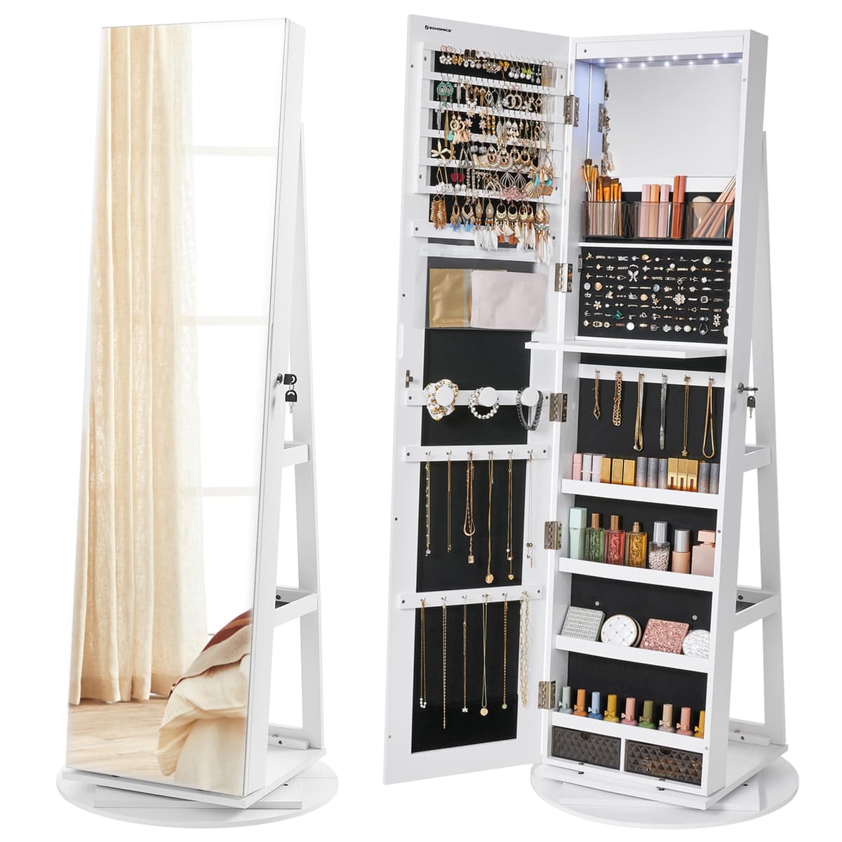 SONGMICS Espejo Joyero con 6 LEDs, Armario de Joyas de Giro de 360°, Organizador de Joyas Giratorio, sin Marco, Espejo Completo con Almacenaje,dia de la madre,Superficie Blanco y Forro Negro JJC007W01