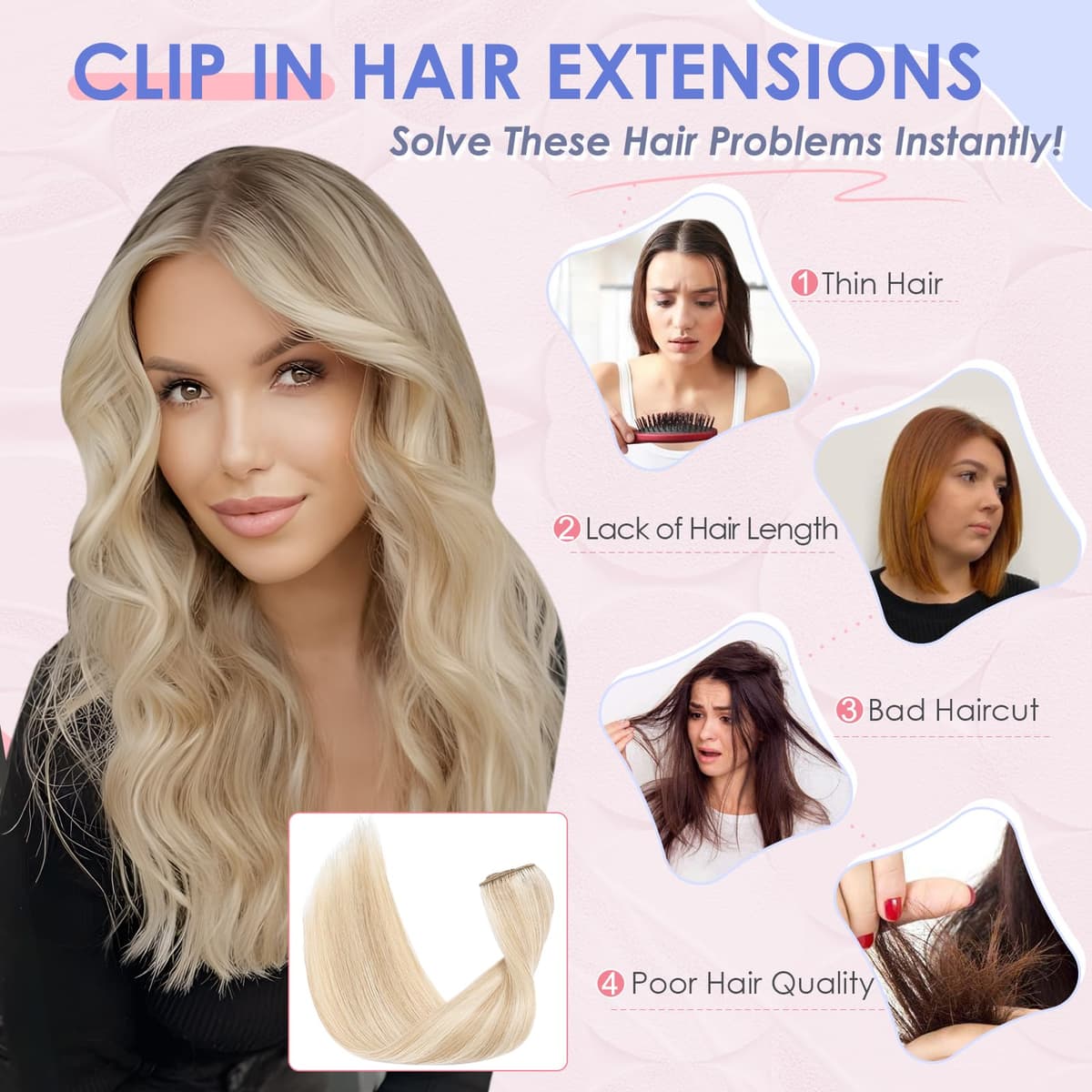 Elailite Clip in Hair Extensions Real Human Hair - 8 Pieces Thin Weft Full Head Remy Hair Straight - #18/613 Ash Blonde Mix Bleach Blonde - 8 Inch (45 g) — view 2