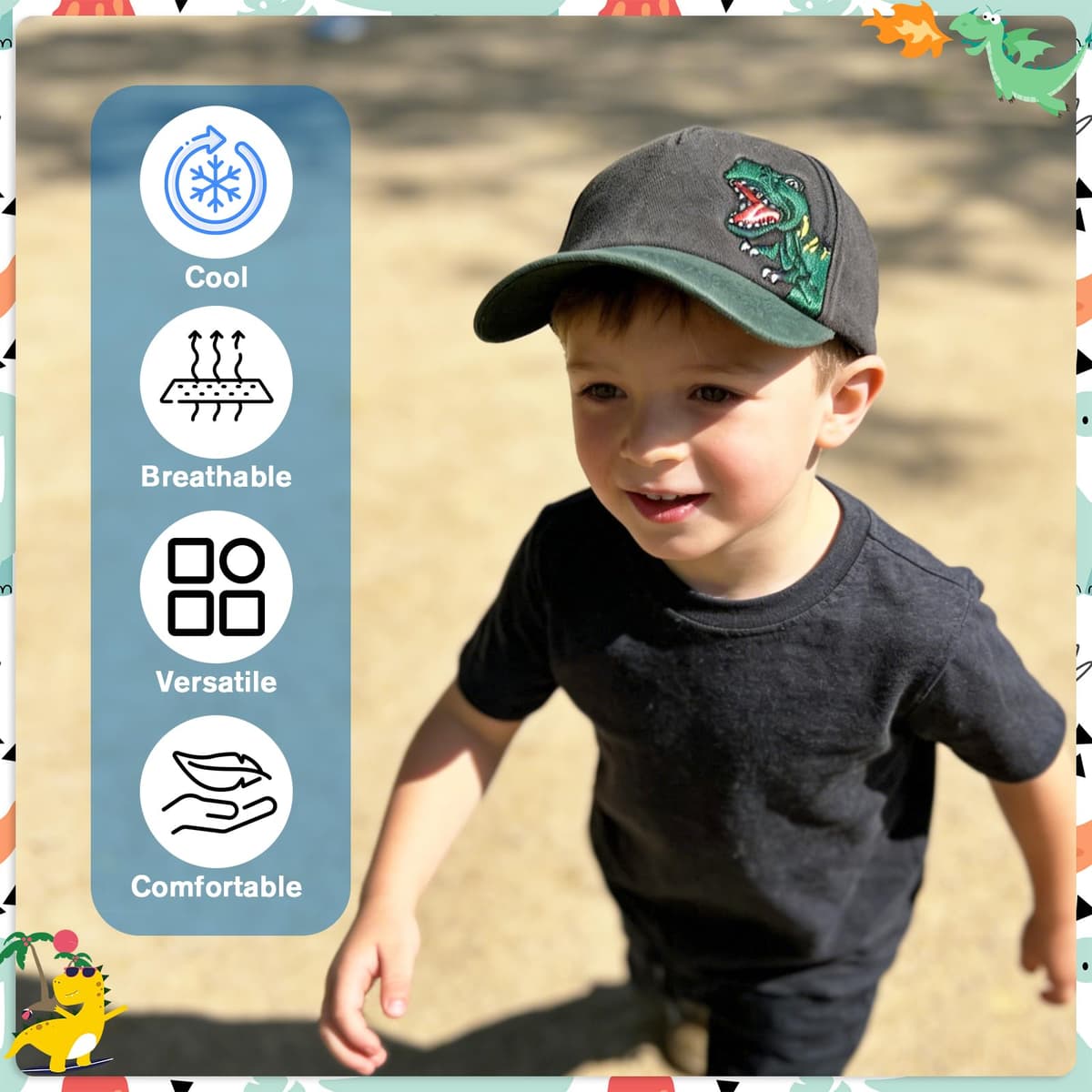 QKURT Gorra de béisbol Infantil con diseño de Dinosaurio, Ideal para el Sol, Ideal para el Verano, con protección Solar, Ajustable, Ideal para la Playa, para Jugar al Aire Libre, de 2 a 8 años. — view 4