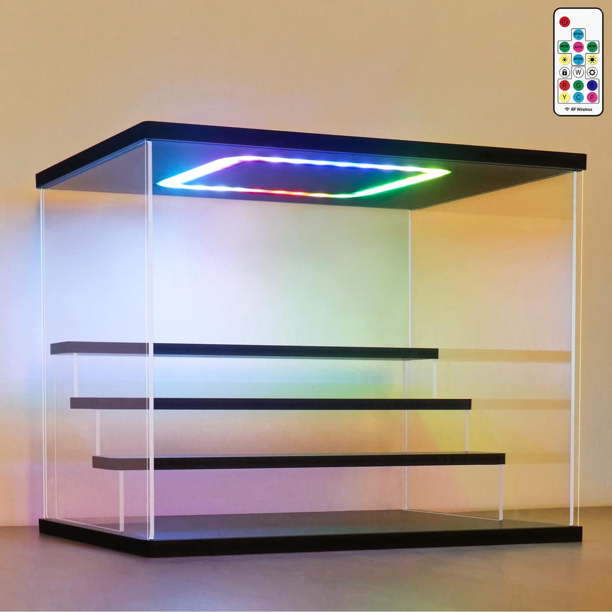 Nonemey Vitrina Expositora Transparente con Luz Led de Colores,3/4/5/6 Niveles Cajas de Metacrilato,Antipolvo Caja Organizadora,Vitrina Acrílica para Colecciones (Negro, 4Tier-31.5*24.5*26.5 cm)