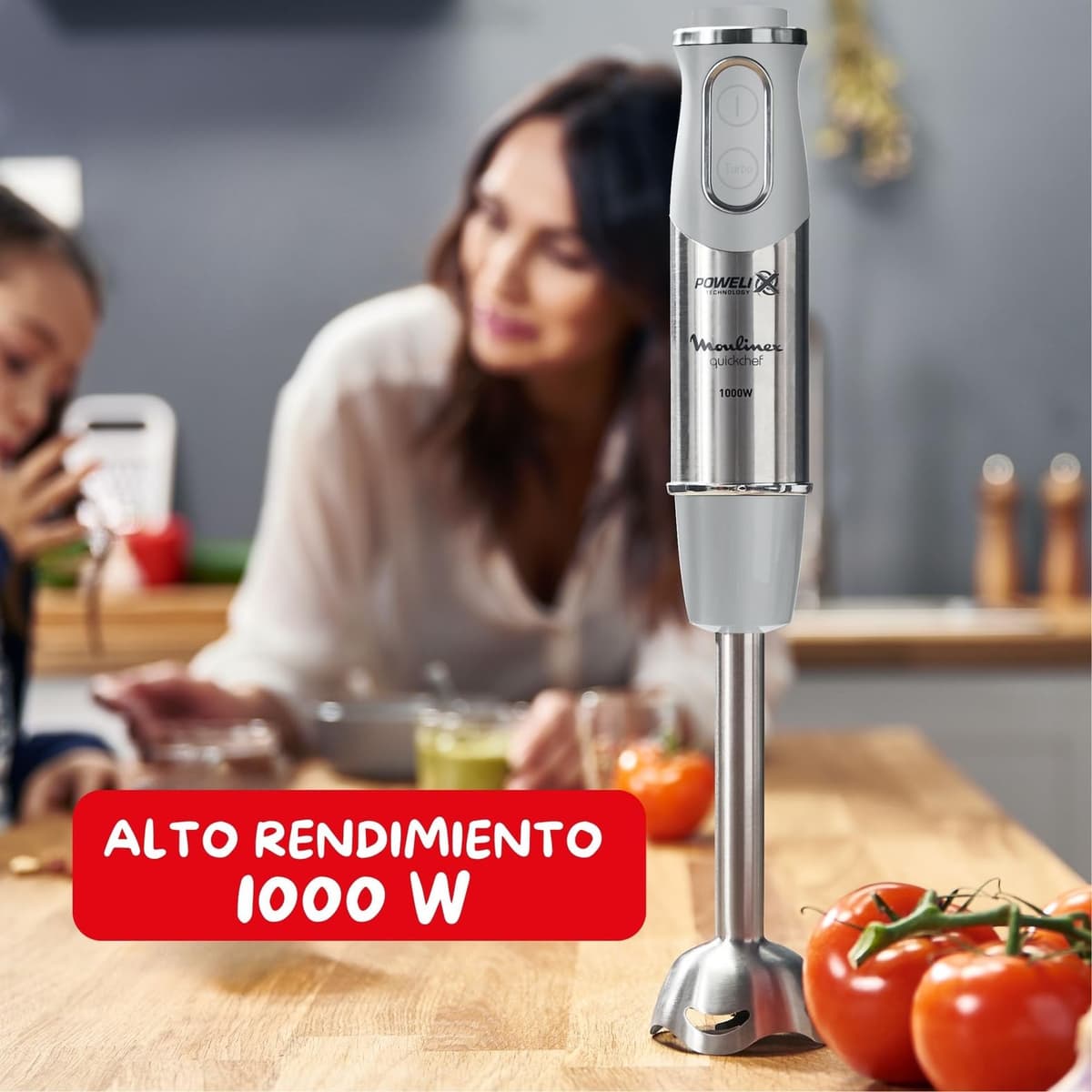 Moulinex Quickchef, Batidora de mano, Potencia de 1000 W, Cuchillas Powelix, 20 velocidades variables y modo turbo, Incluye picadora 500 ml, vaso medidor 800 ml y varillas, Gris, DD655DES — view 3