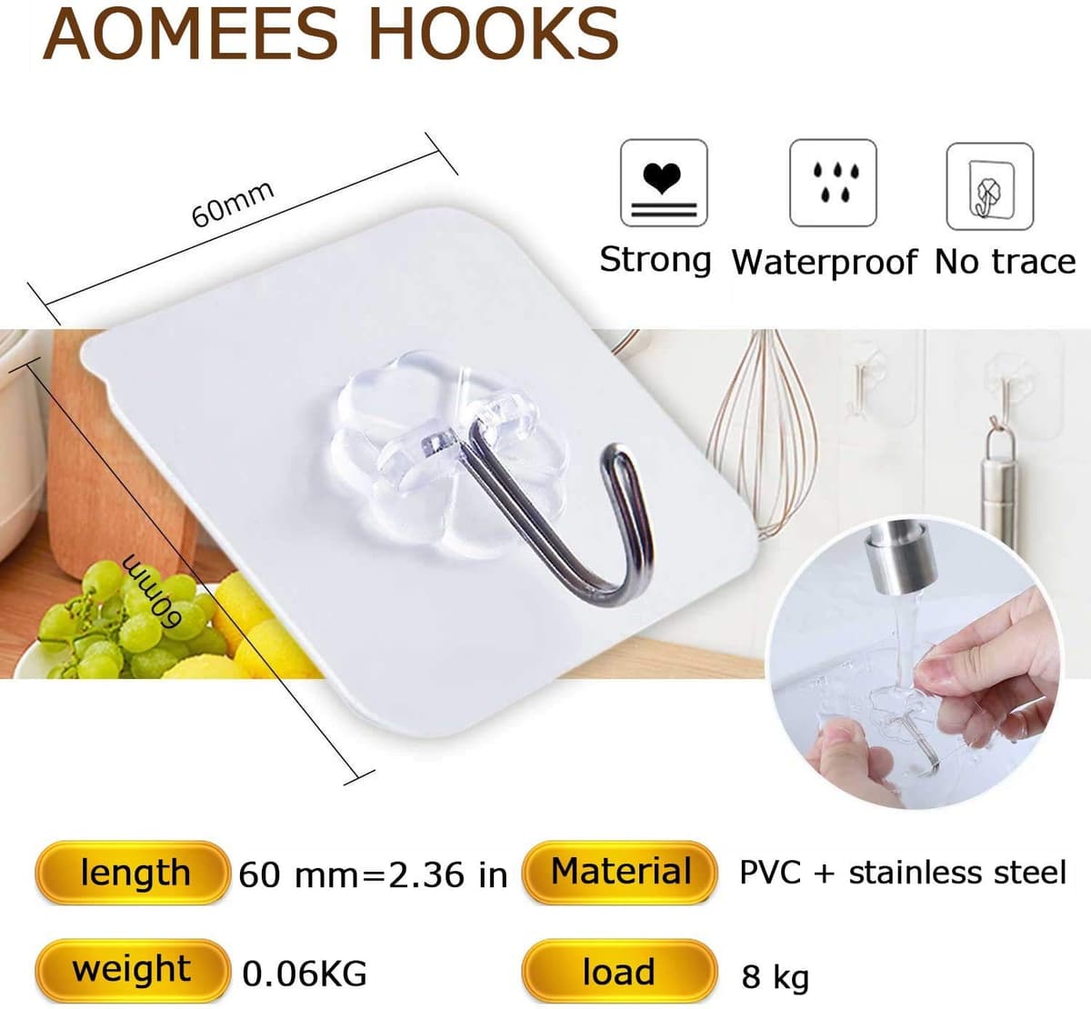 AOMEES Adhesive Hooks Heavy Duty Wall Hooks 8kg (Max) Self Adhesive Hook 12pcs — view 3