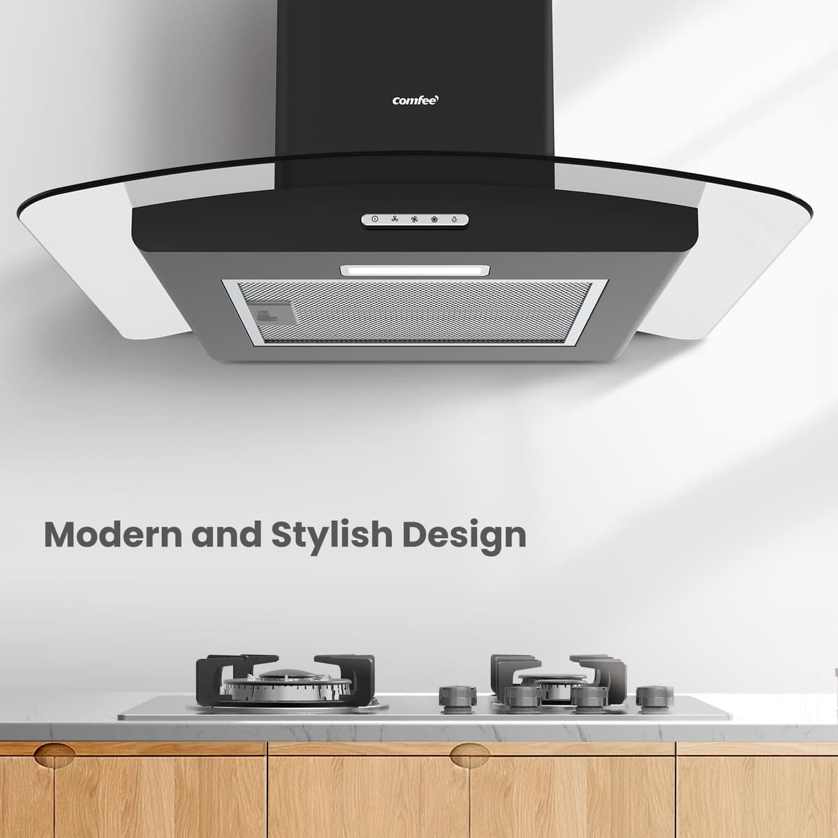 COMFEE' Canopy Cooker Hood 60cm GLAV17B-60 Curved Glass Chimney Hood with LED Light, 600mm Kitchen Extractor Fan Kitchen- Black — view 2