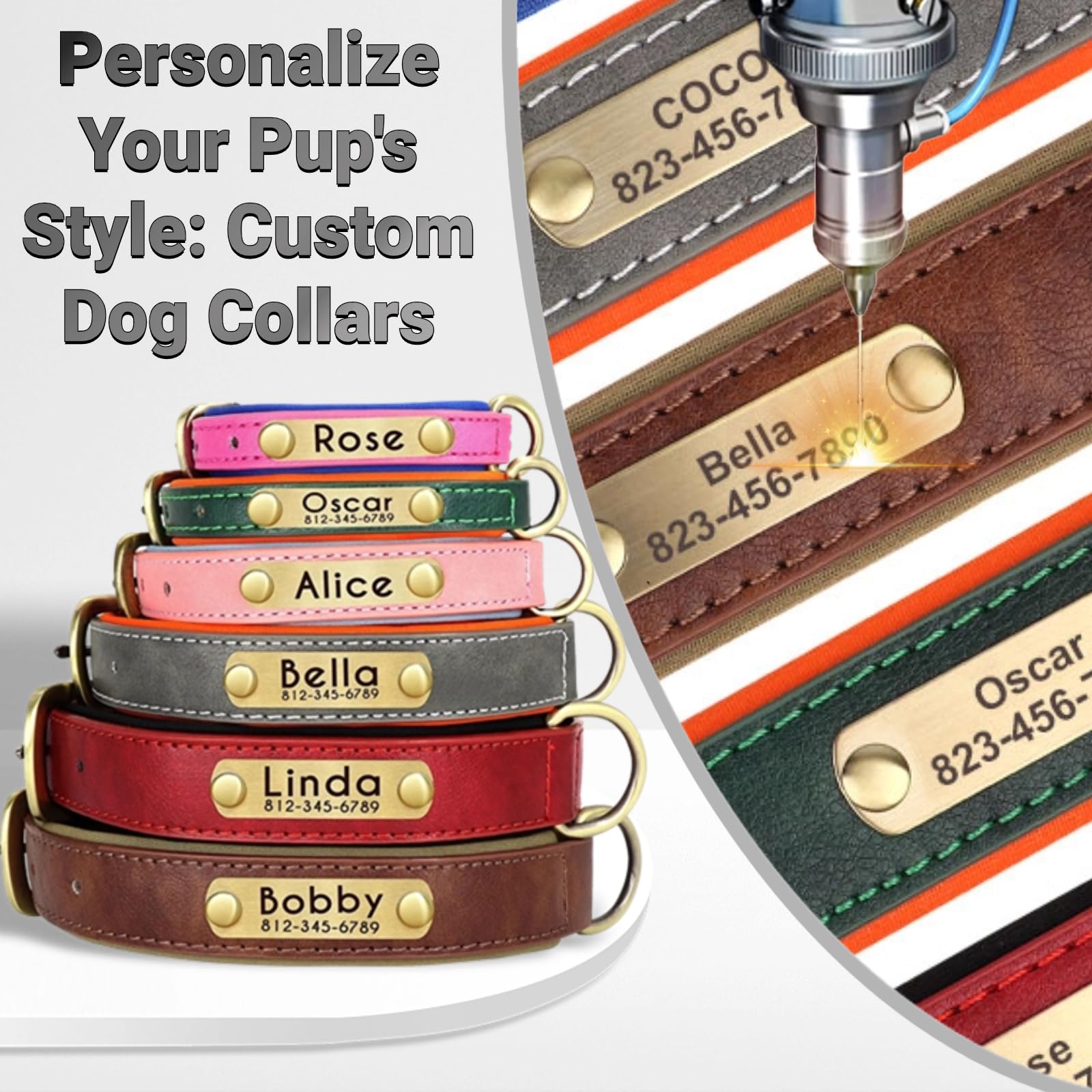 Genuine Leather Dog Collar Personalised, Soft Padded Leather Dog Collars Heavy Duty with Custom Engraved Name Plate Adjustable for Small Medium Large Dogs (L, Red 35-45cm) — view 4