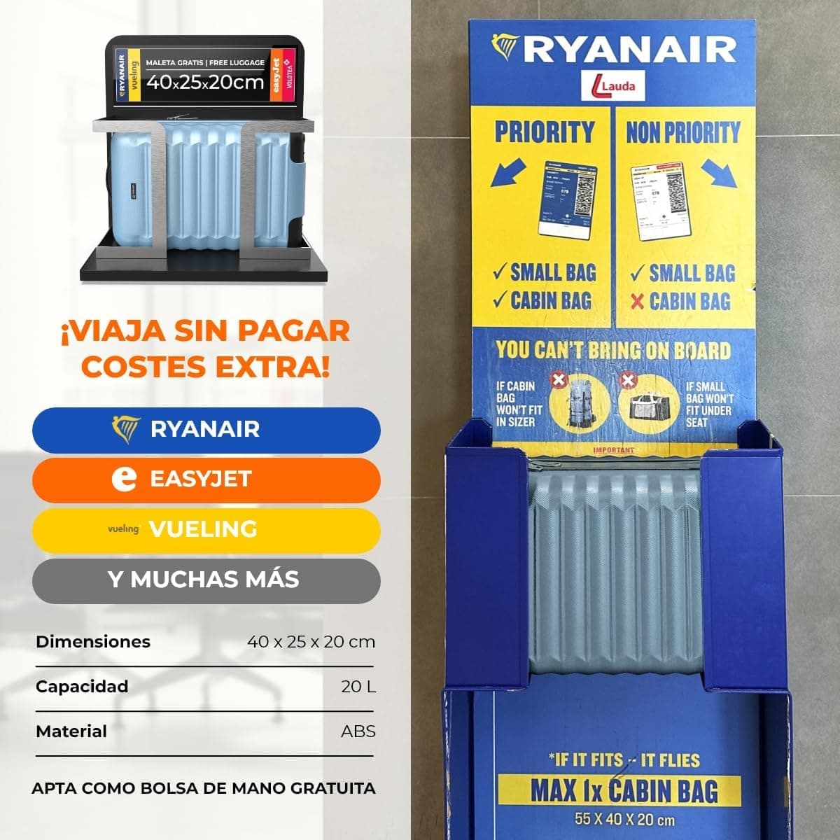 NUMADA- Maleta de Viaje Cabina 40x25x20cm (20L) Upfly Underseat 16 XXS con Ruedas Desmontables. Maleta Cabina ABS Ideal como Equipaje de Mano para Ryanair, Vueling o Easyjet Azul Claro