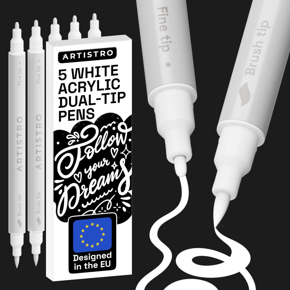 ARTISTRO 5 Black Acrylic Paint Pens – Dual Tip (Brush & Fine) Markers for Fabric, Canvas, Rock, Glass, Wood – Calligraphy, Scrapbook Supplies DIY & Gift for Kids, Teens - Art Set — view 11
