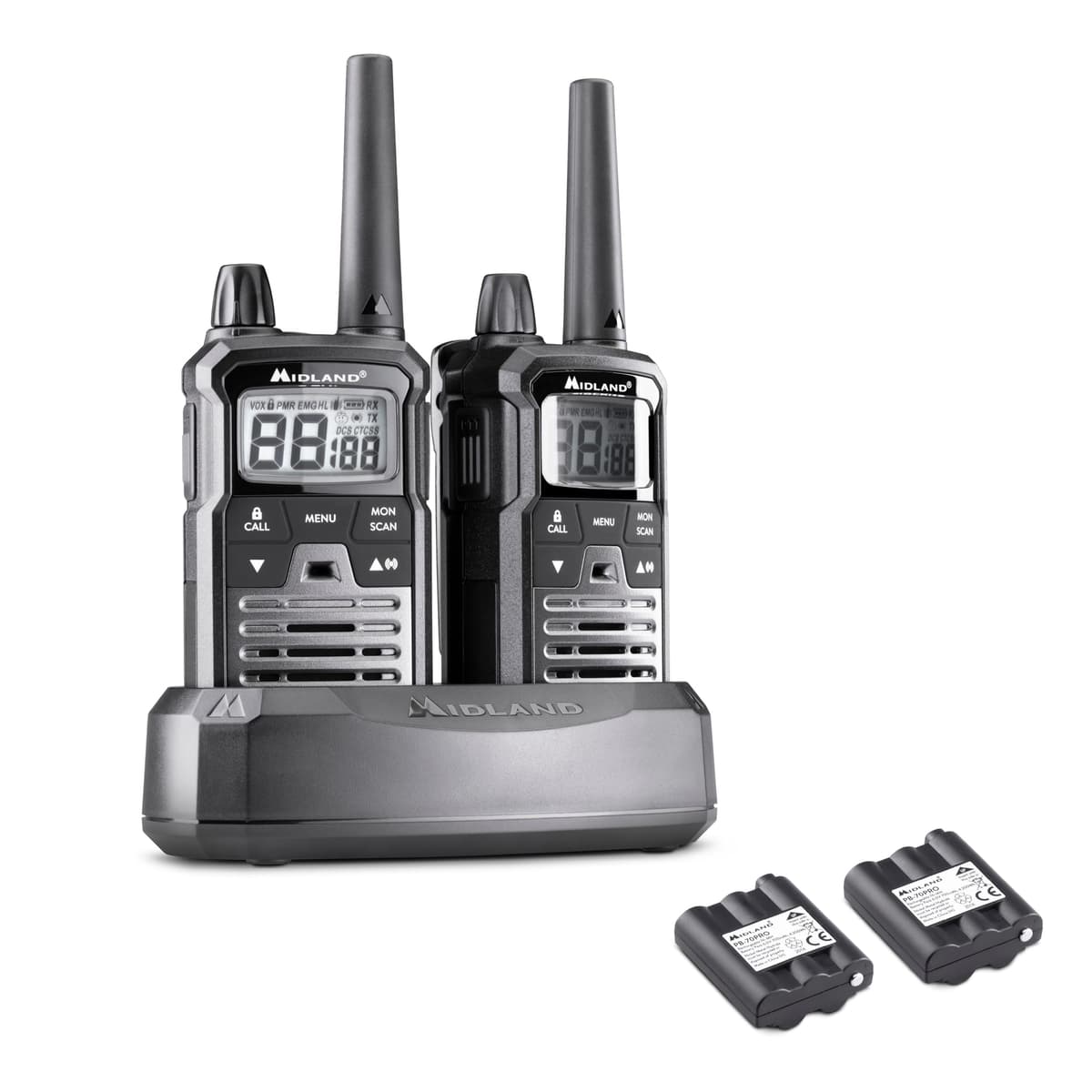 Midland XT70 PRO Doble, Walkie Talkie Profesional de Carga Rápida, 101 Canales PMR446 y Canal RRM, 142 Tonos CTCSS, Resistente al Agua IPX4, Recargable con USB, Alcance 12 Km, Negro/Gris, 2 Unidades