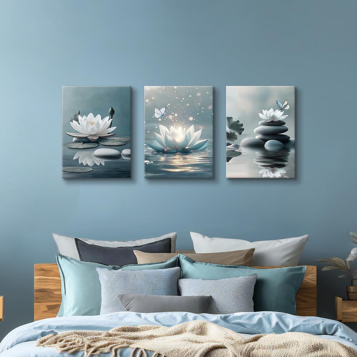 3Pcs Blue Grey Zen Canvas Wall Art, White Lotus Flowers Butterfly Meditation Spiritual Wall Paintings White Lotus Blooming on Stones in Lake Wall Pictures Room Decor for Yoga Spa Room Decor 30x40cmx3 — view 4