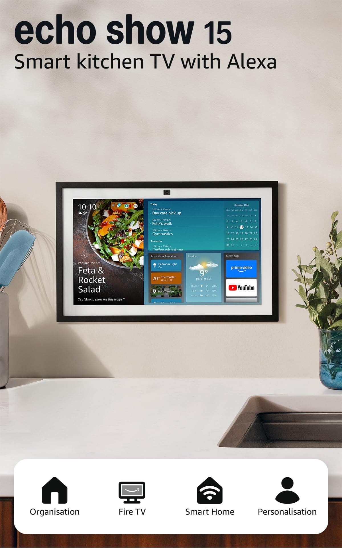Amazon Echo Show 15 (newest gen), Full HD 15.6" smart display with built-in Fire TV and Alexa Voice Remote, with Alexa+ Early Access