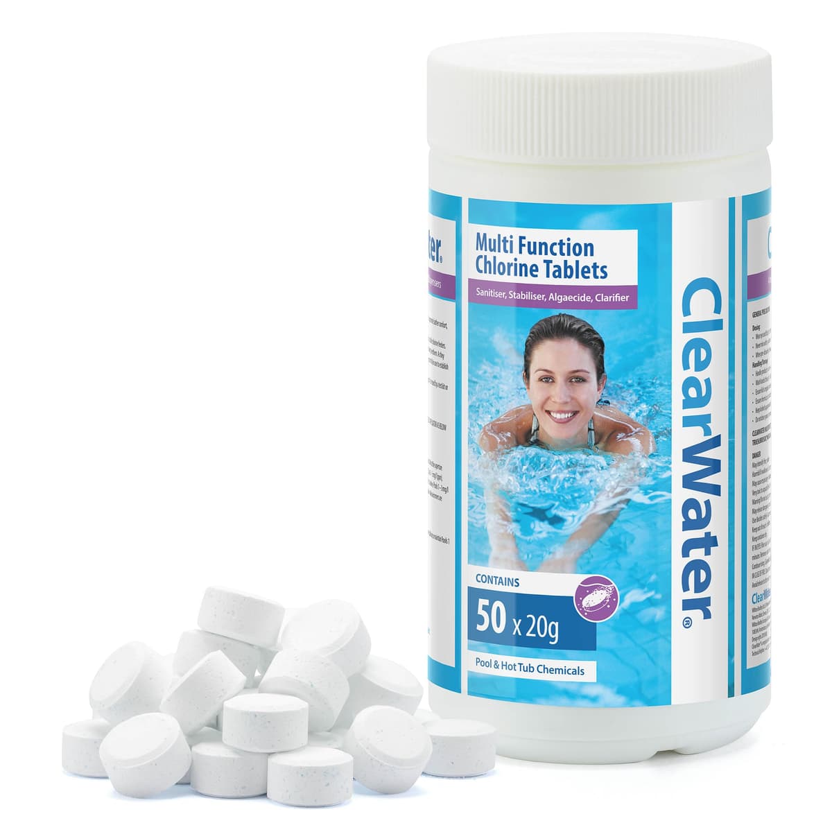 Clearwater 1 kg Multifunction Chlorine Tablets, 4-in-1 Dispenser Tablets (Sanitiser, Stabiliser, Algaecide and Clarifier) for Pools and Hot Tubs, 50 x 20 g, White