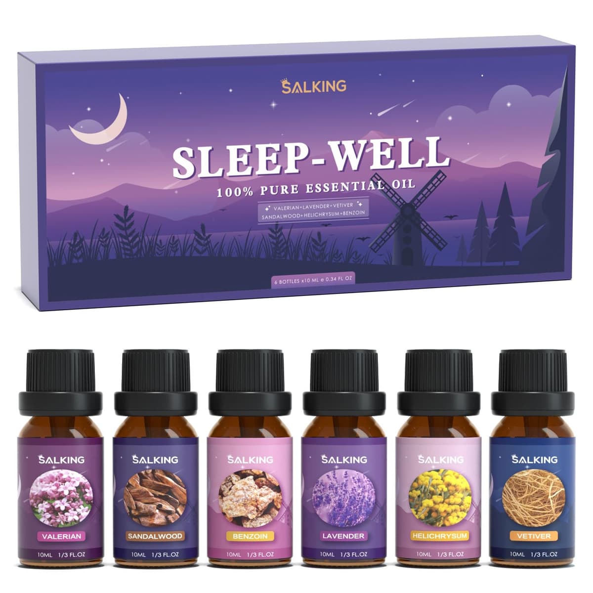 SALKING Juego de Aceites Esenciales para Dormir - Aceites Puros y Naturales para Humidificadores y Difusores - Lavanda, Vetiver, Sándalo, Valeriana, Helicriso, Benjuí