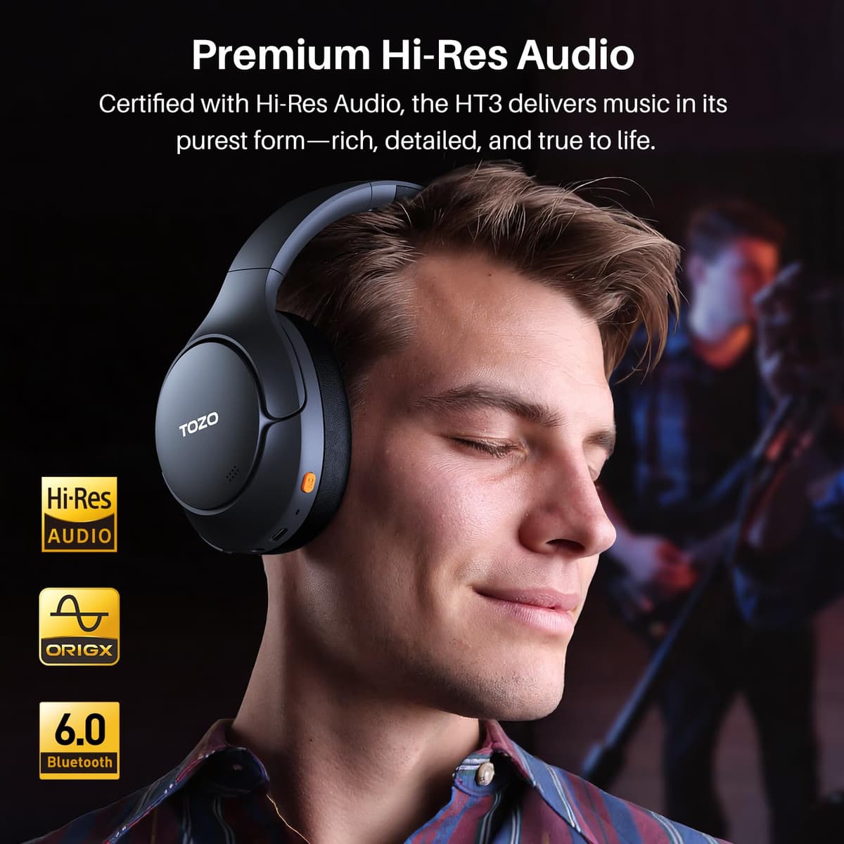TOZO HT3 Bluetooth Headphones, Active Noise Cancelling with 5-Mic AI Chat, Wireless Over Ear Bluetooth, Hi-Res Audio, 90H Playtime, Transparency Mode, Dual Bluetooth Connection, 32 EQ Modes — view 2