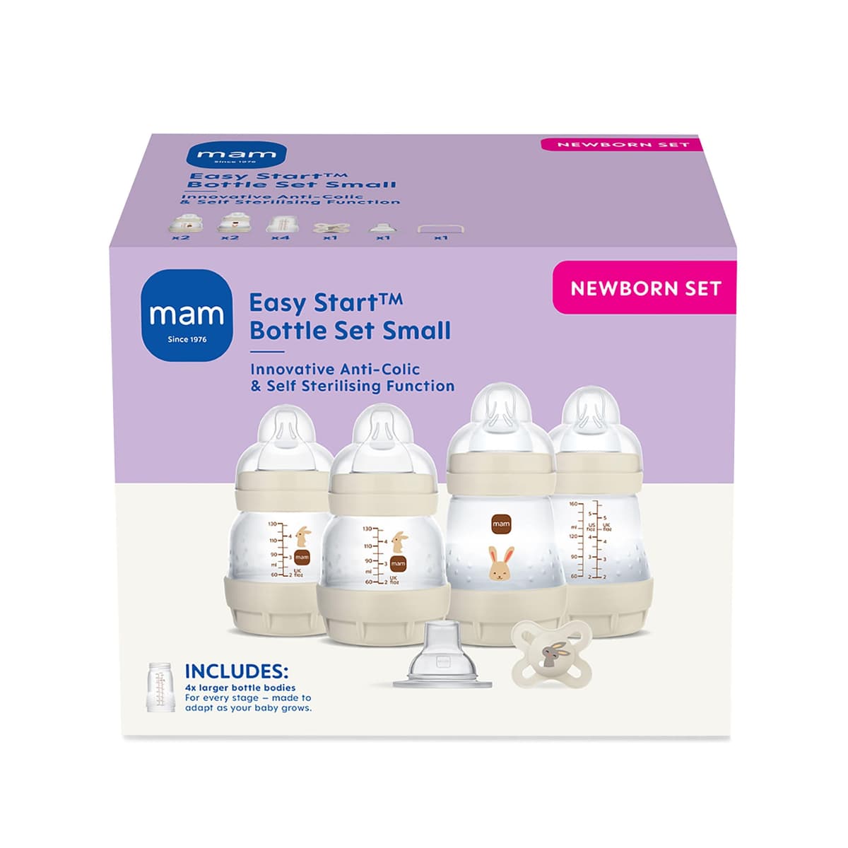 MAM Easy Start Anti-Colic Bottle Starter Set | Includes 4X Feeding Bottles and MAM Original Start 0-2 Month Soother | Self-Sterilising | Baby Gift Set of Newborn Essentials | White (Various Designs) — view 8
