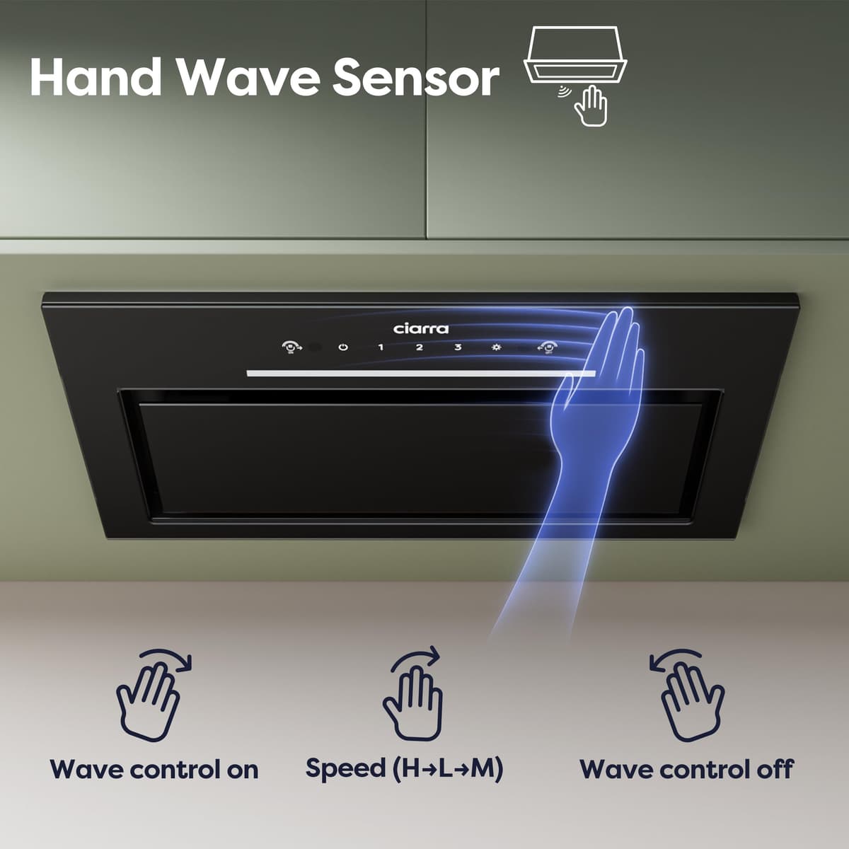 CIARRA 52cm Integrated Cooker Hood, Built-in Kitchen Extractor Fan with Wave Control, LED Light, Carbon Filter, Recirculation & Ducting Options, Slim Undercabinet Kitchen Hood - CBCB5931A — view 3