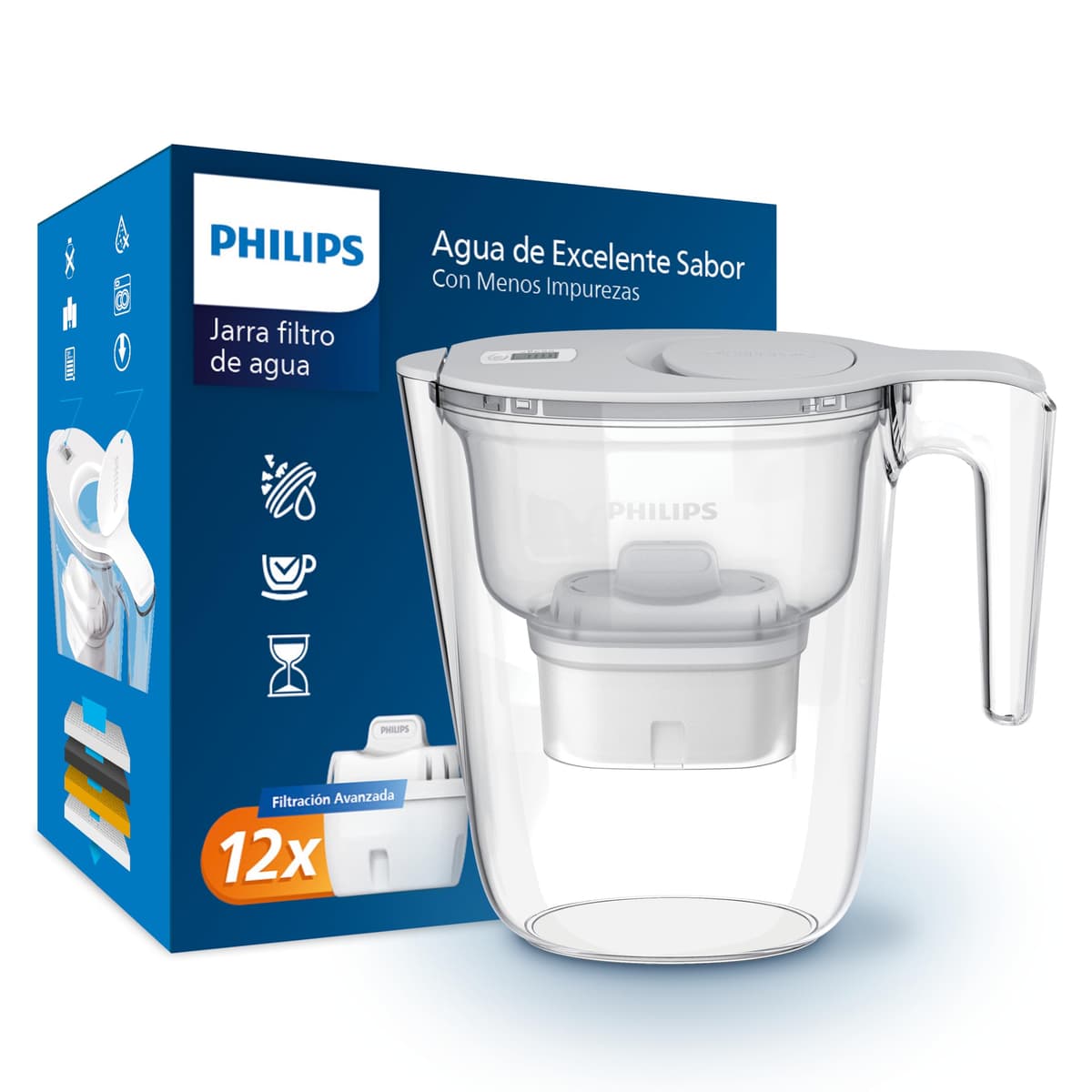 Philips Water Filtro de jarra + 3 cartuchos de filtro de repuesto, Filtración Avanzada, flujo rápido, temporizador electrónico, filtra CLORO, CAL, metales pesados y MICROPLÁSTICOS, capacidad 2,6 L — view 11