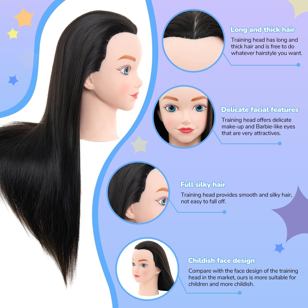 Neverland de 20 pulgadas Cabeza de peluquería 100% de fibra sintética Muñeca peluqueria Cabeza de entrenamiento Cabeza de Muñeca Cabeza peluqueria Cabeza de Maniqui con Soporte& DIY Hair Styling Tools — view 3