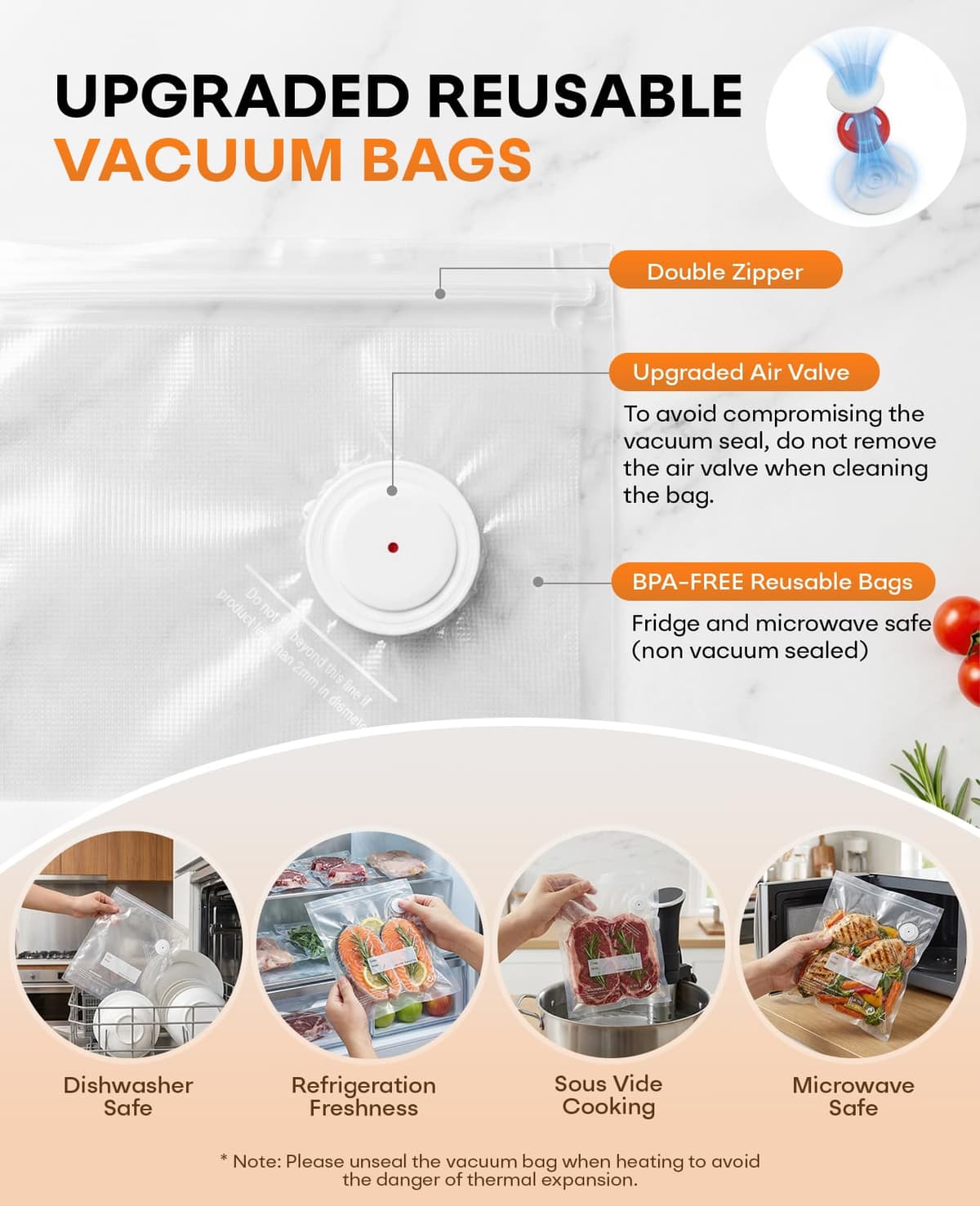 1800mAh Compact Vacuum Sealer for Food (Vacuum Sealer Machine + 30 Reusable Bags), 80kPa Powerful Handheld Food Sealer With LCD-Display, Visible Water Tank Portable Seal Meal Saver (White) — view 3