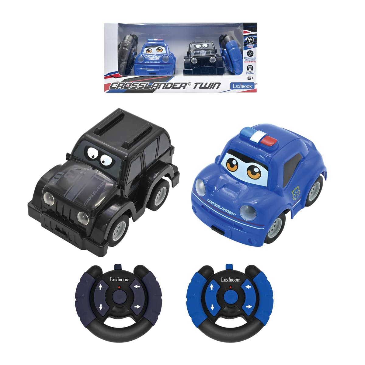 LEXIBOOK, Crosslander® Twin, Juego de 2 Coches radiocontrol (Coche de policía, Coche de ladrón), hasta 12 km/h, Efectos de luz y Sonido, 2 mandos a Distancia, Negro/Azul, RC12