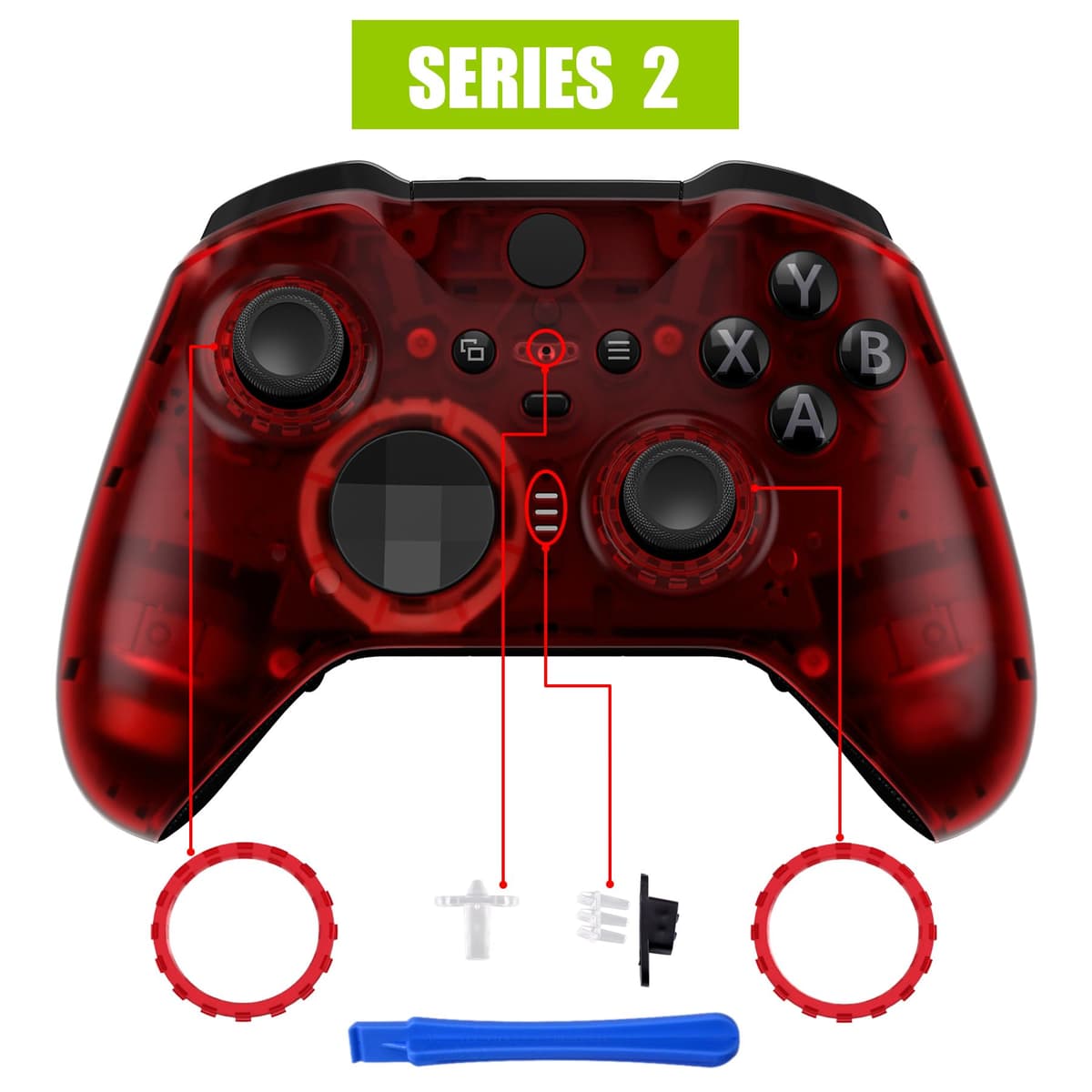 eXtremeRate Clear Red Replacement Faceplate Cover for Xbox One Elite Controller Series 2 (Model 1797), Custom DIY Front Housing Shell Case & Accent Rings for Xbox Elite Series 2 Core Controller — view 4