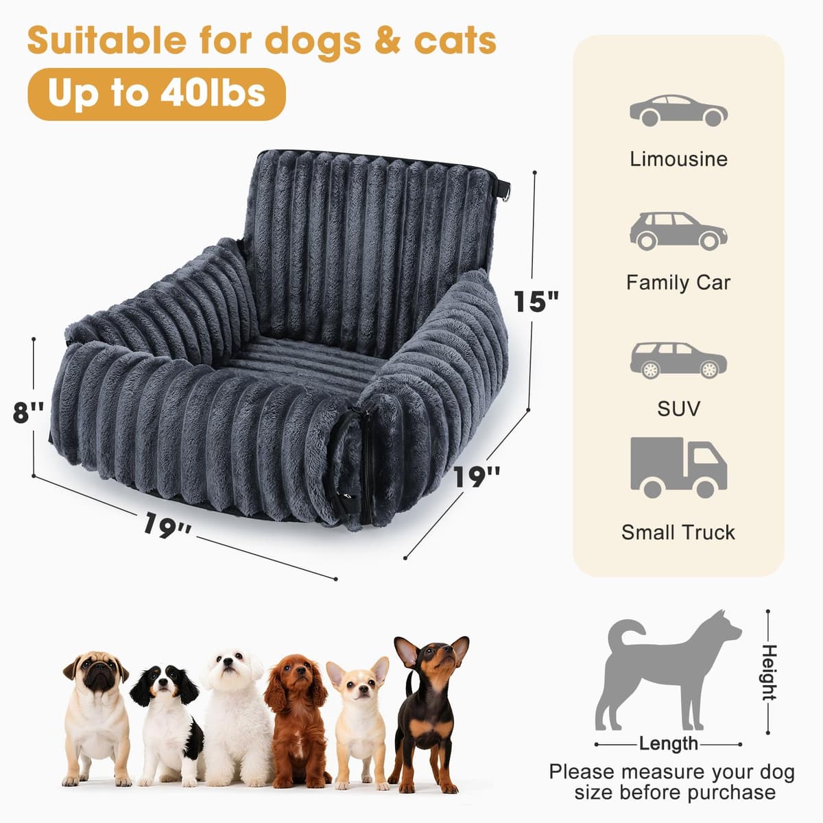 MIXJOY Dog Car Seat with Thick Cushion for Dogs&Cats Under 40lbs, Dog Booster Seats Dog Car Bed with Memory Foam to Prevent Carsick, Detachable Washable Pet Car Seat with 3 Safety Belts(Grey) — view 3