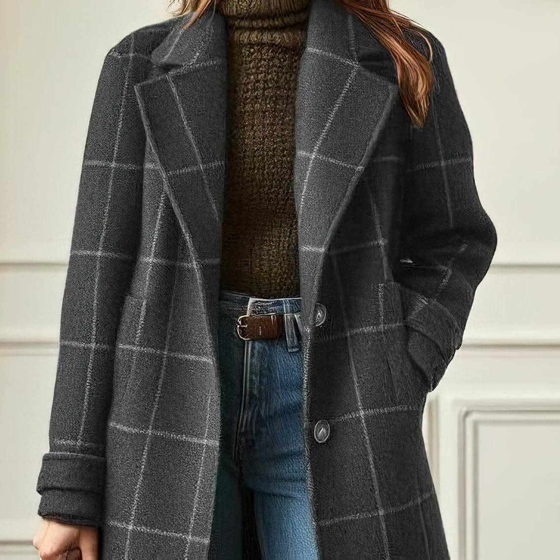 Women's Retro Plaid Lapel Coat, Mid-Length Casual Elegant Outerwear for Autumn Winter — view 3