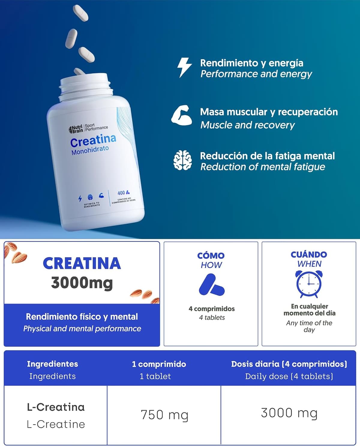 Creatine Monohydrate 3000mg - 400 comp | Improves Strength, Muscle Mass, Endurance, Recovery, Energy and Mental Agility | Veg — view 4