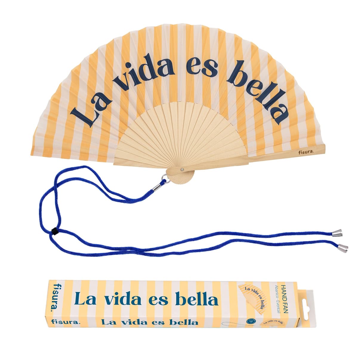 Fisura – Abanico Original con Mensaje “La Vida es Bella”. Abanico de Madera Moderno y Colorido. Ventilador de Mano Amarillo de Rayas. Colgador Incluido. Idea de Regalo Divertida. 42,5 x 23 cm